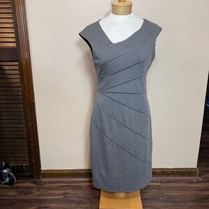 London Times Grey Asymmetrical Pintuck Sheath Dress Sleeveless Size 12 Business